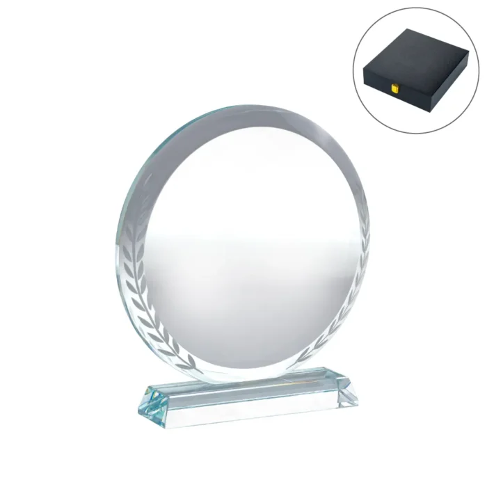 Round Clear Crystal Award with Engraved Leaves - Image 1